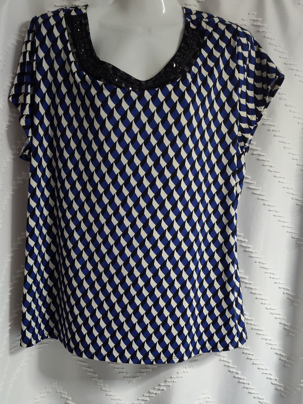 Elementz Blue & White Geometric Sequin-Trim Top